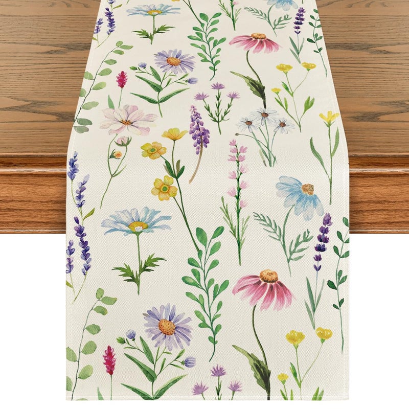 Artoid Mode Wildflowers Floral Eucalyptus Spring Table Runner, Seasonal Summer Kitchen Dining Table Decoration for Home Party Decor 13x72 Inch - Image 1