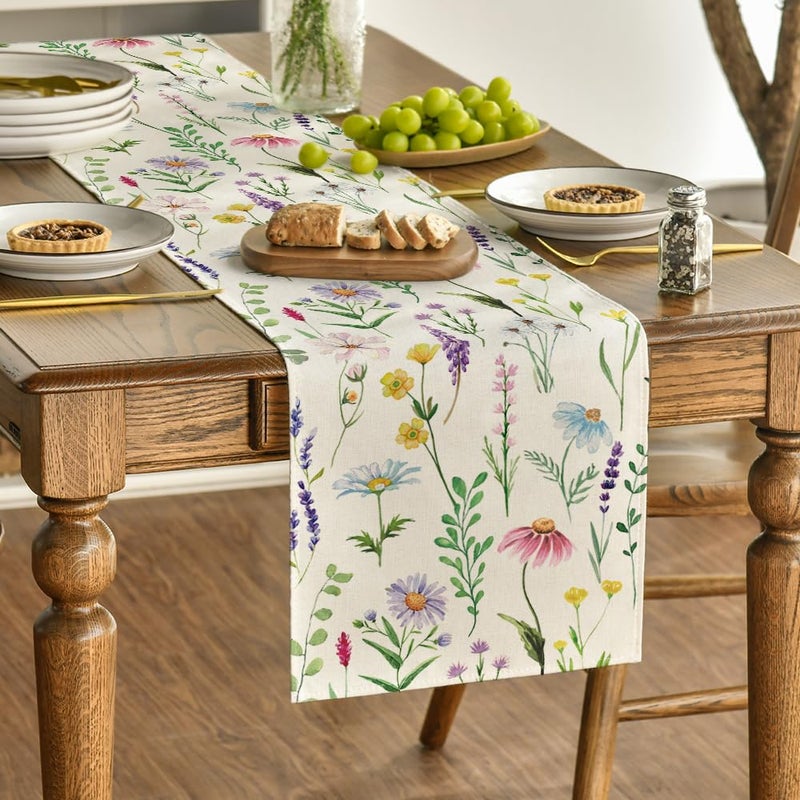 Artoid Mode Wildflowers Floral Eucalyptus Spring Table Runner, Seasonal Summer Kitchen Dining Table Decoration for Home Party Decor 13x72 Inch - Image 3