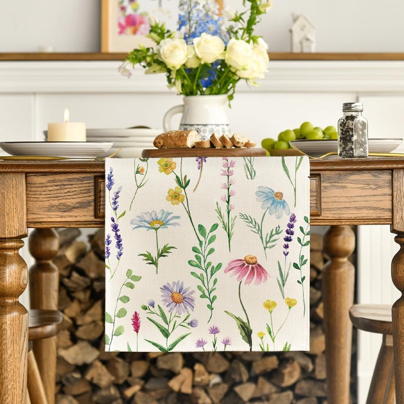 Artoid Mode Wildflowers Floral Eucalyptus Spring Table Runner, Seasonal Summer Kitchen Dining Table Decoration for Home Party Decor 13x72 Inch - Image 2