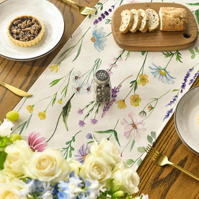 Artoid Mode Wildflowers Floral Eucalyptus Spring Table Runner, Seasonal Summer Kitchen Dining Table Decoration for Home Party Decor 13x72 Inch - Image 4