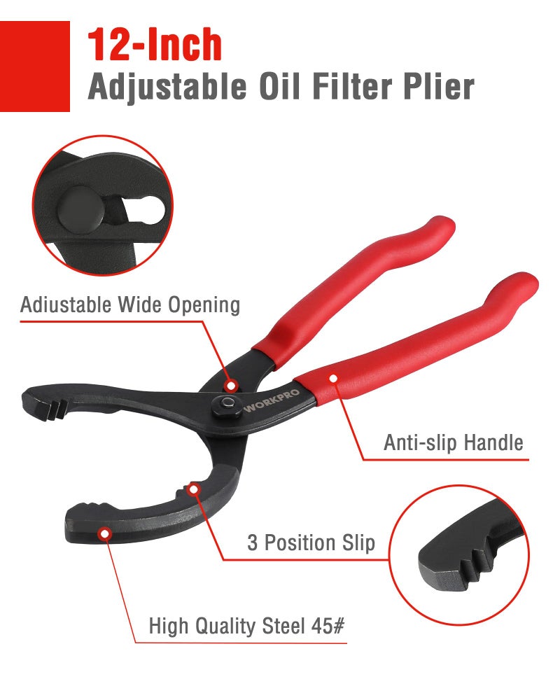 WORKPRO 2-Piece Oil Filter Wrench Set, 12â€ Adjustable Oil Filter Plier & 3-Jaw Universal Oil Filter Removal Tool, for Easy Oil Changes, Ideal for Car, Motorcycle, Truck Maintenance & Home Garage Use - Image 2