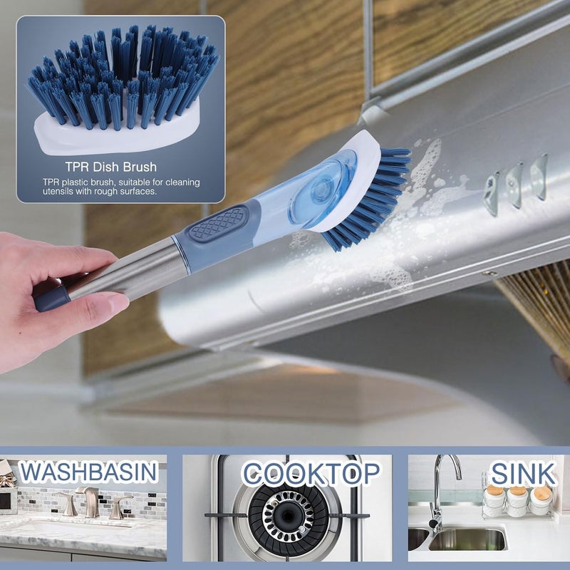 Masthome Dish Brush, Soap Dispensing Dish Brush for Kitchen,Washing Up Brushes with Long Handle & 3pcs Replacement Heads,Reusable Brush for Pans Pots Sink - Image 5
