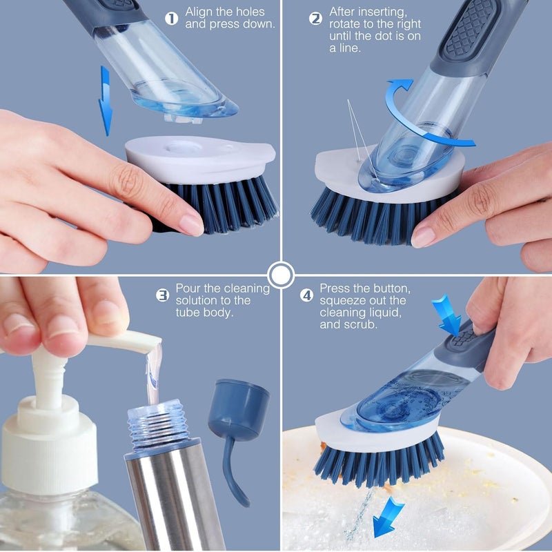Masthome Dish Brush, Soap Dispensing Dish Brush for Kitchen,Washing Up Brushes with Long Handle & 3pcs Replacement Heads,Reusable Brush for Pans Pots Sink - Image 3