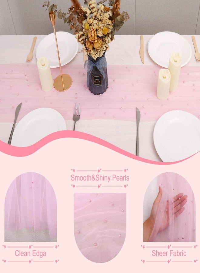 BINBE 4pcs Pearl Table Runner Spring Summer Rustic Boho 10ft Tulle Table Runner for Baby Shower Wedding Veil Holiday Dessert Table Decor Pink - Image 3