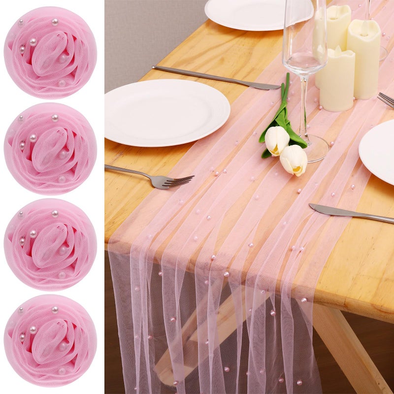 BINBE 4pcs Pearl Table Runner Spring Summer Rustic Boho 10ft Tulle Table Runner for Baby Shower Wedding Veil Holiday Dessert Table Decor Pink - Image 1