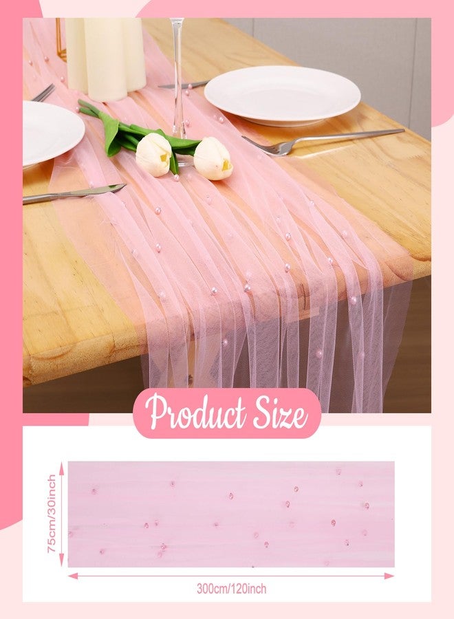 BINBE 4pcs Pearl Table Runner Spring Summer Rustic Boho 10ft Tulle Table Runner for Baby Shower Wedding Veil Holiday Dessert Table Decor Pink - Image 2