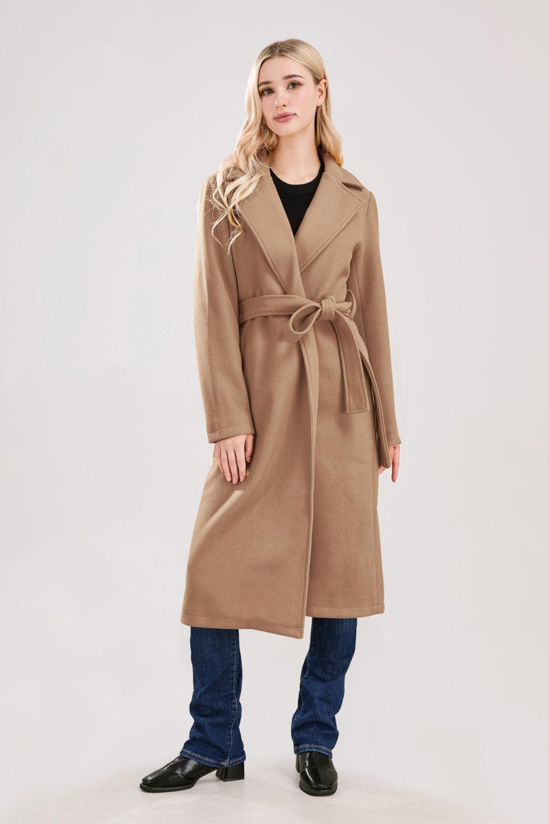 utcoco Womens Long Wool Pea Coats Notched Collar Open Front Woolen Blend Trench Coat with Belt (Medium, Camel) - Image 2