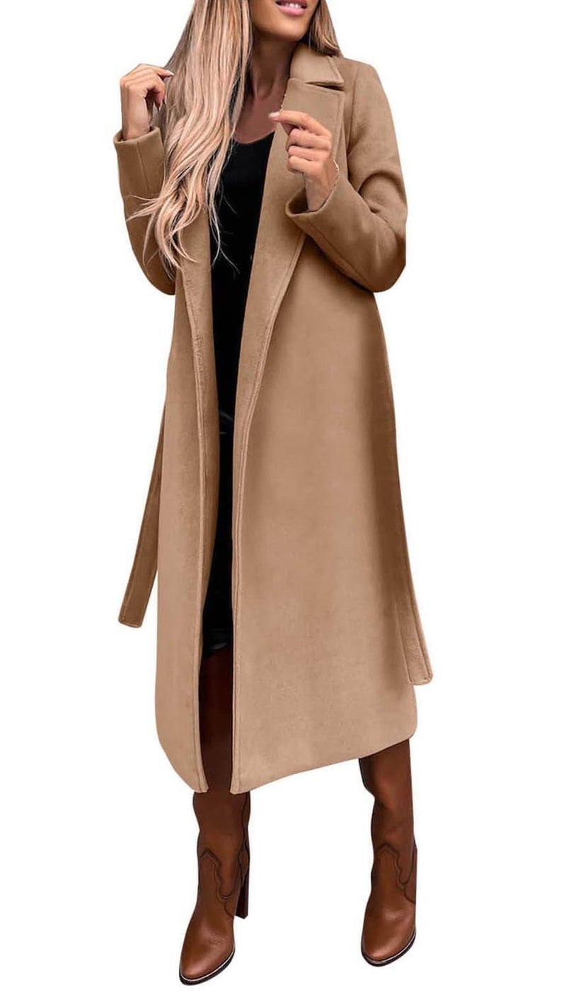 utcoco Womens Long Wool Pea Coats Notched Collar Open Front Woolen Blend Trench Coat with Belt (Medium, Camel) - Image 1