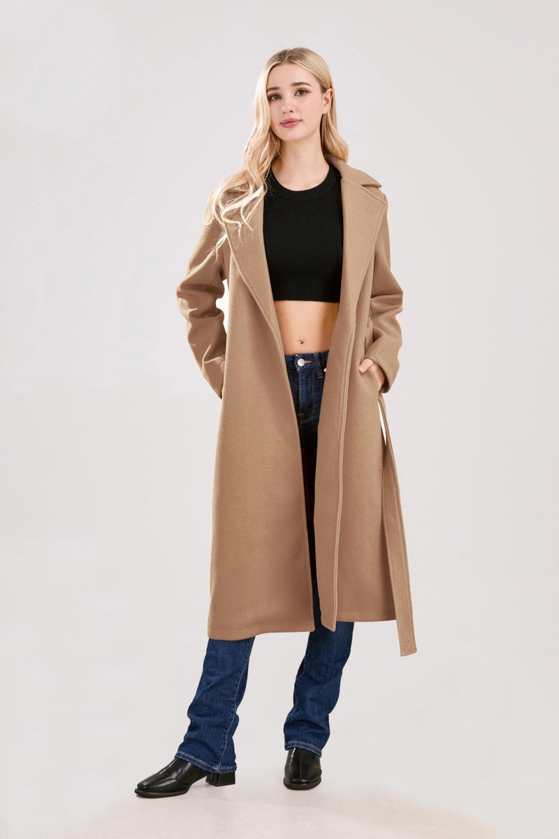 utcoco Womens Long Wool Pea Coats Notched Collar Open Front Woolen Blend Trench Coat with Belt (Medium, Camel) - Image 5