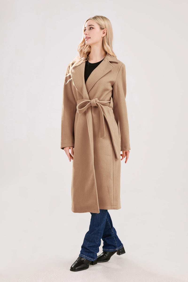utcoco Womens Long Wool Pea Coats Notched Collar Open Front Woolen Blend Trench Coat with Belt (Medium, Camel) - Image 4