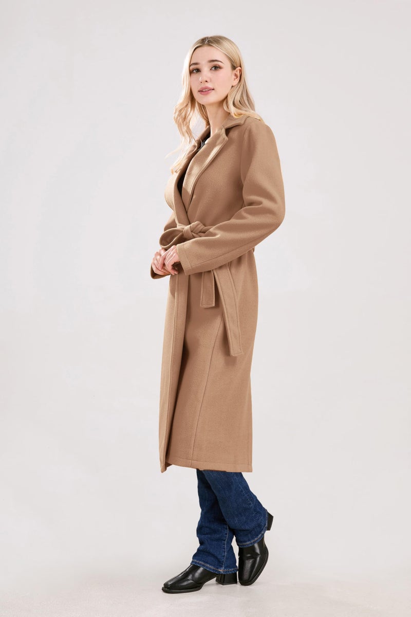 utcoco Womens Long Wool Pea Coats Notched Collar Open Front Woolen Blend Trench Coat with Belt (Medium, Camel) - Image 3