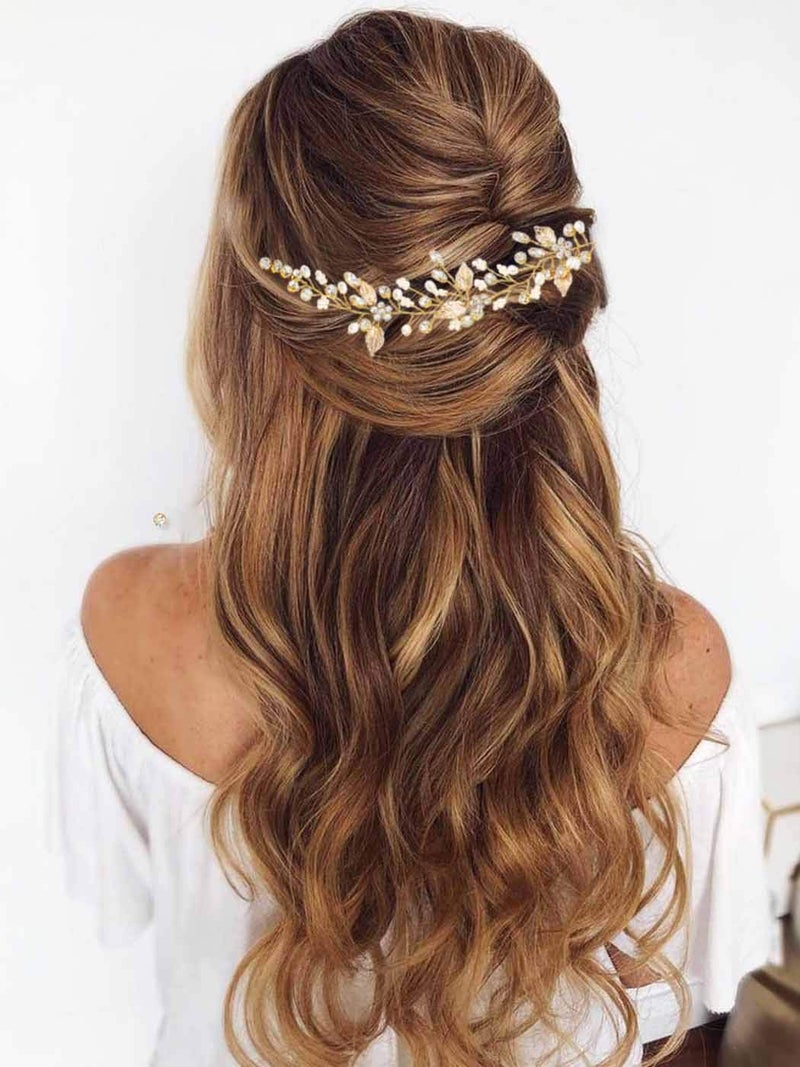 Gorais Crystal Bride Wedding Hair Combs Gold Leaf Bridal Hair Pieces Pearl Hair Accessories for Women and Girls AGold AGold