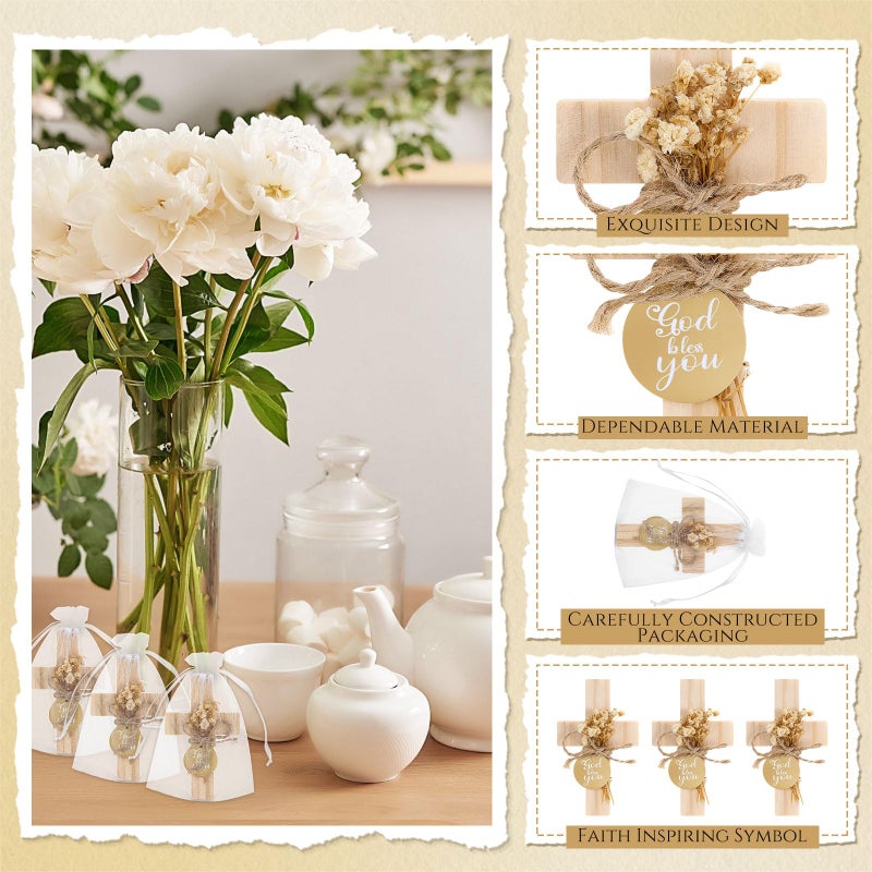 Flutesan 12 Sets Baptism Favors for Guests First Communion Wooden Cross Fridge Magnets with Flower and Bag, Christian Souvenirs Gift for Party Decoration, Baby Shower, Kitchen Decor (Classic,Brown) - Image 3
