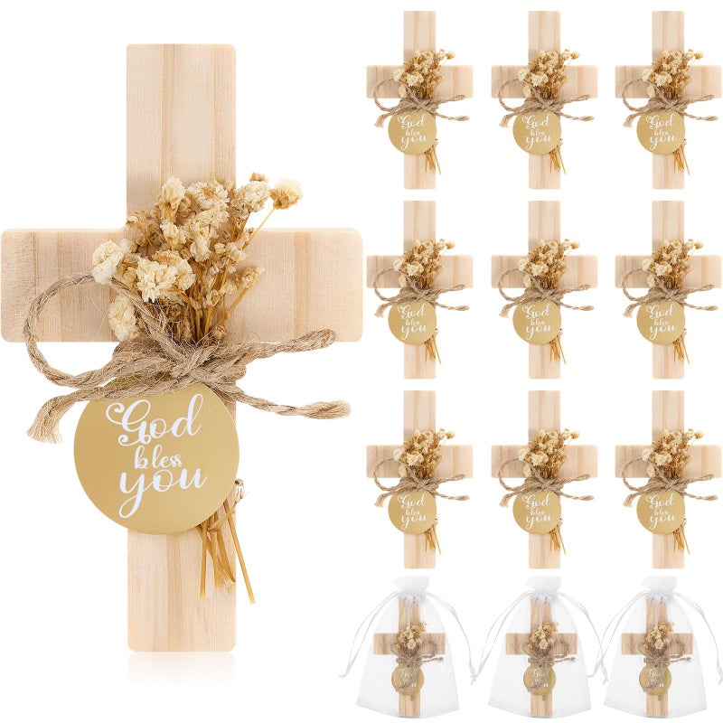 Flutesan 12 Sets Baptism Favors for Guests First Communion Wooden Cross Fridge Magnets with Flower and Bag, Christian Souvenirs Gift for Party Decoration, Baby Shower, Kitchen Decor (Classic,Brown) - Image 1