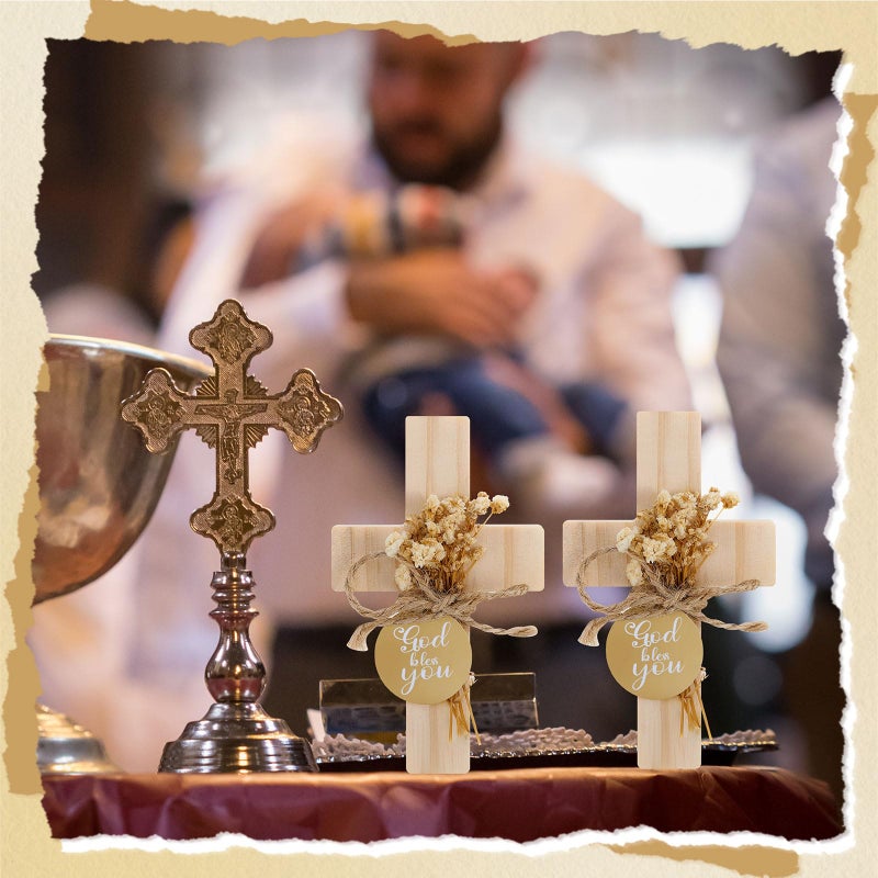 Flutesan 12 Sets Baptism Favors for Guests First Communion Wooden Cross Fridge Magnets with Flower and Bag, Christian Souvenirs Gift for Party Decoration, Baby Shower, Kitchen Decor (Classic,Brown) - Image 5