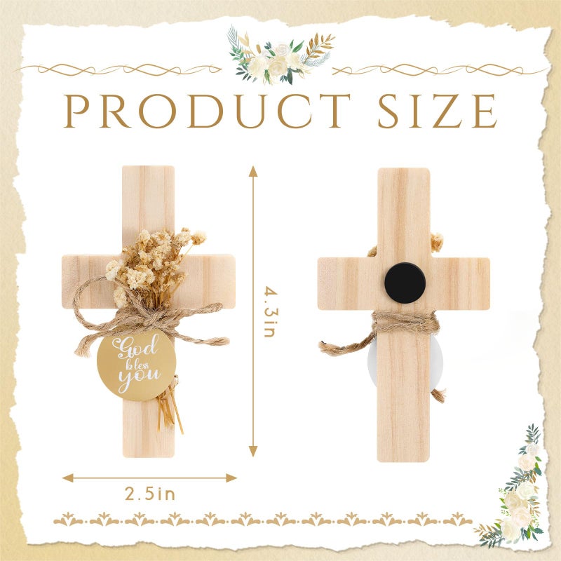 Flutesan 12 Sets Baptism Favors for Guests First Communion Wooden Cross Fridge Magnets with Flower and Bag, Christian Souvenirs Gift for Party Decoration, Baby Shower, Kitchen Decor (Classic,Brown) - Image 2