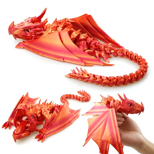LehuoMaker 3D Printed Dragon with Wings Fidget Dragon Toys 3D Printed Animals Flexible Articulated Winged Crystal Dragon ModelHome Office Decor Desktop PetGradation Red Gold - Image 1