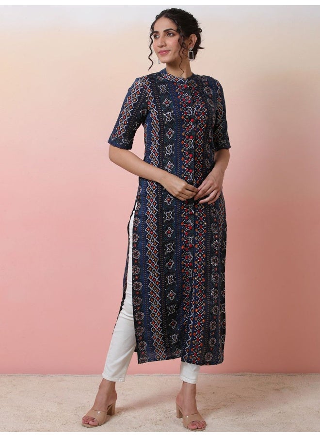 AKS Navy Blue Button down Kurta with Foil print  - Image 1