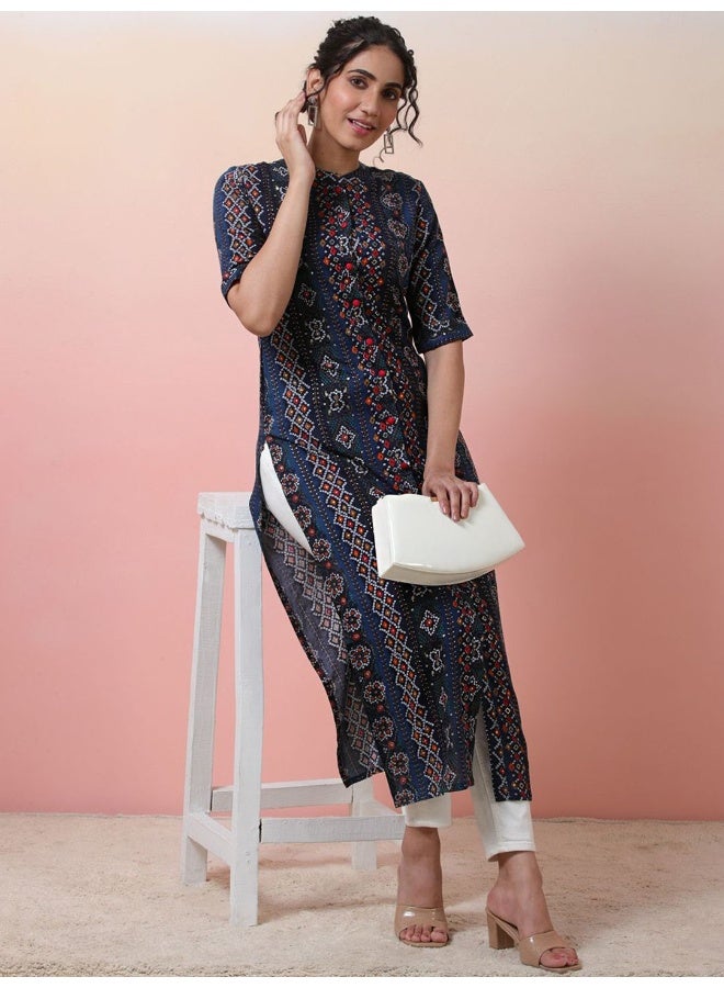 AKS Navy Blue Button down Kurta with Foil print  - Image 4