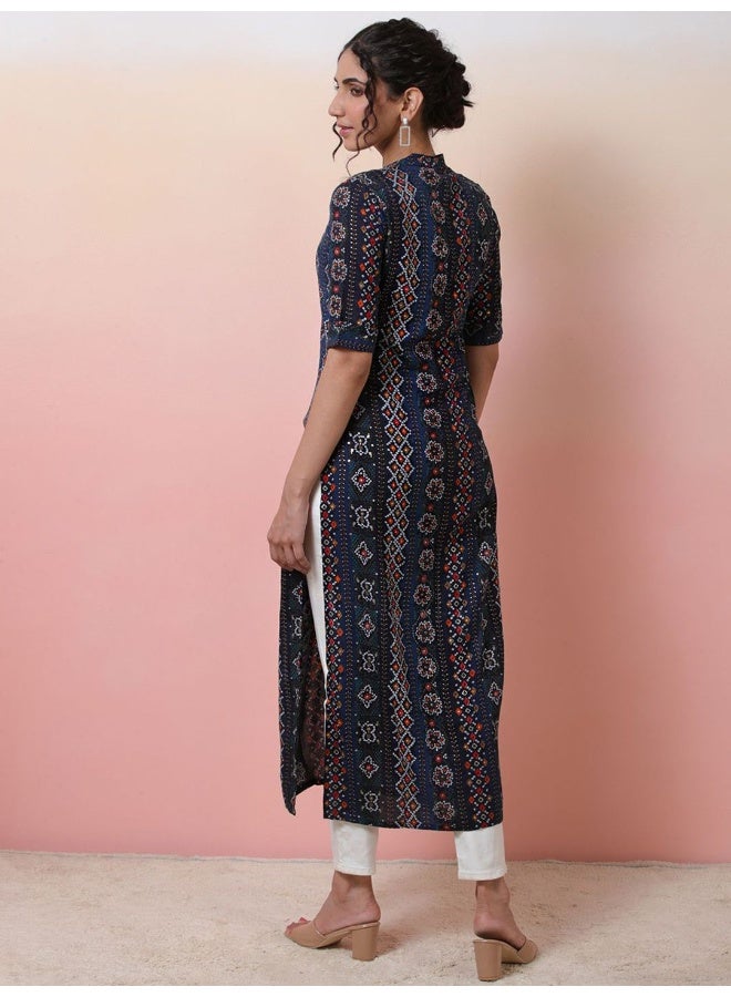 AKS Navy Blue Button down Kurta with Foil print  - Image 5