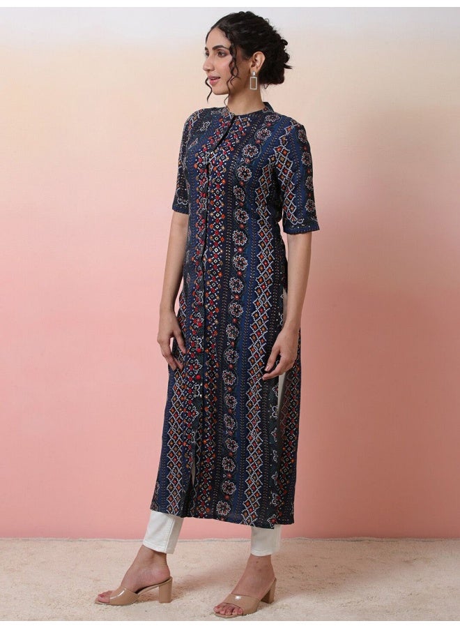 AKS Navy Blue Button down Kurta with Foil print  - Image 3