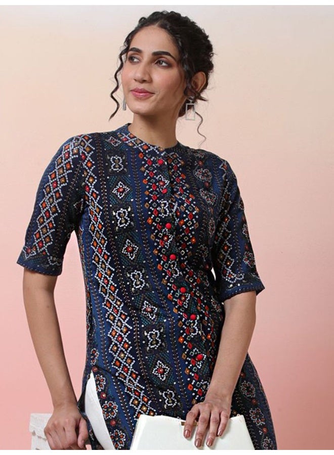 AKS Navy Blue Button down Kurta with Foil print  - Image 2