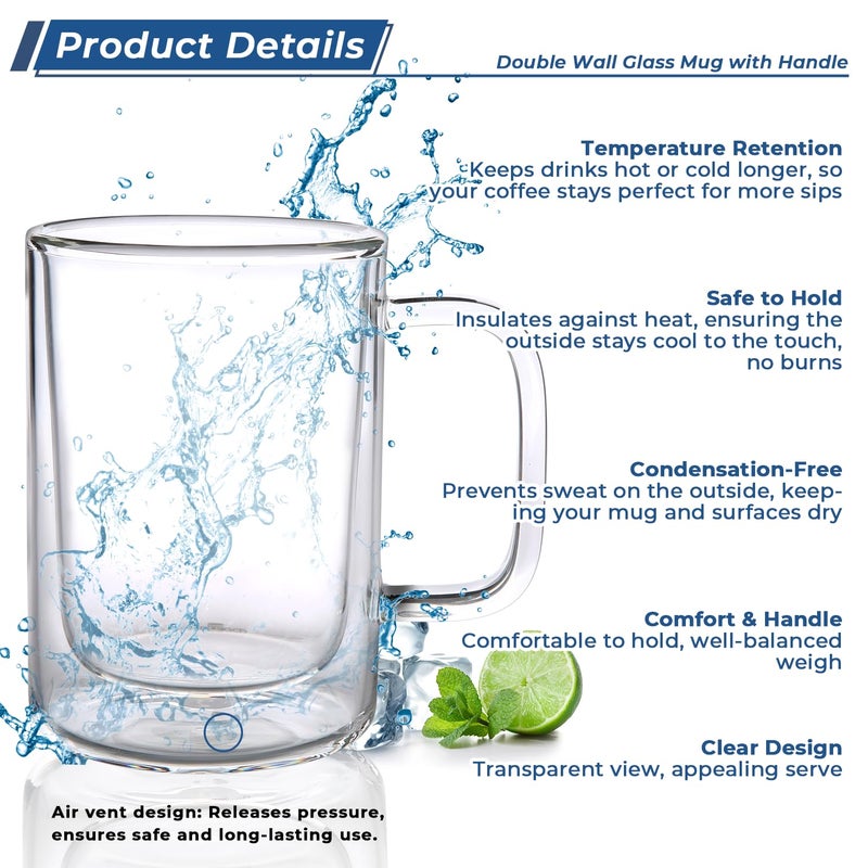 Aquach 12 Oz Double Walled Glass Coffee Mugs With Handle  2-Pack - Ideal For Latte  Cappuccino And Tea - Image 4