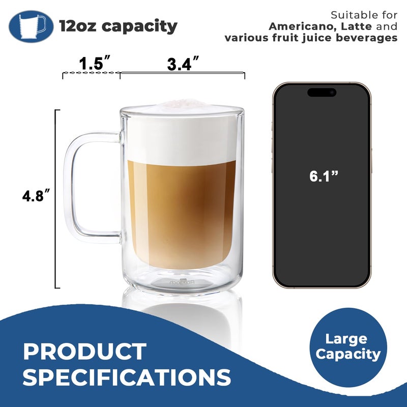 Aquach 12 Oz Double Walled Glass Coffee Mugs With Handle  2-Pack - Ideal For Latte  Cappuccino And Tea - Image 3