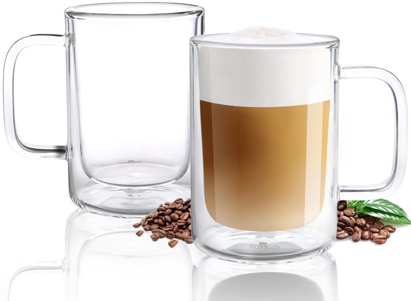Aquach 12 Oz Double Walled Glass Coffee Mugs With Handle  2-Pack - Ideal For Latte  Cappuccino And Tea - Image 1