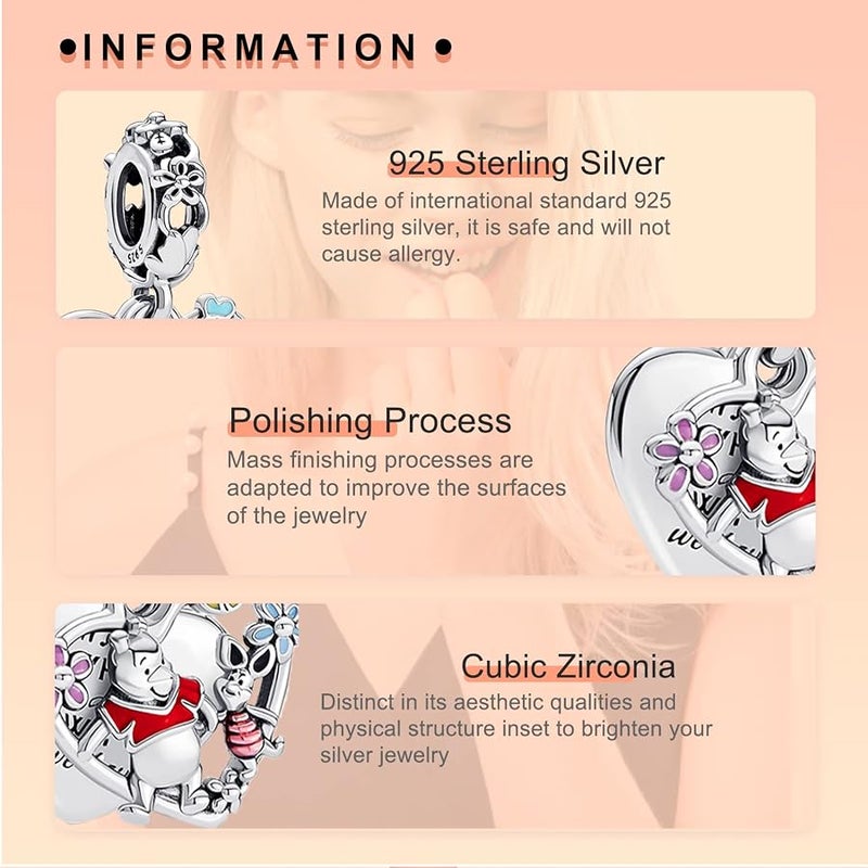 H.ZHENYUE Winnie Characters S925 Silver Charm for Bracelet Necklace Sterling Silver Dangles for Women - Image 2
