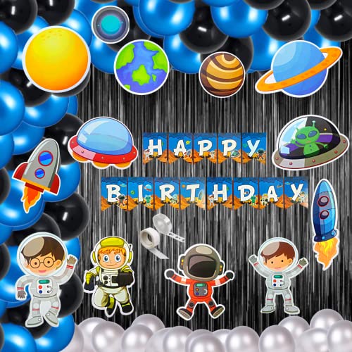 FI - FLICK IN 82 pcs Space Theme Birthday Decoration Kit Curtain Banner Planet Astronaut Cutouts Cake Topper Props Happy Birthday Space Theme Metallic Balloon Garland Kit (Pack of 82, Multicolor) - Image 1