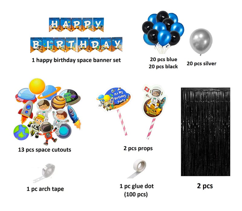 FI - FLICK IN 82 pcs Space Theme Birthday Decoration Kit Curtain Banner Planet Astronaut Cutouts Cake Topper Props Happy Birthday Space Theme Metallic Balloon Garland Kit (Pack of 82, Multicolor) - Image 2