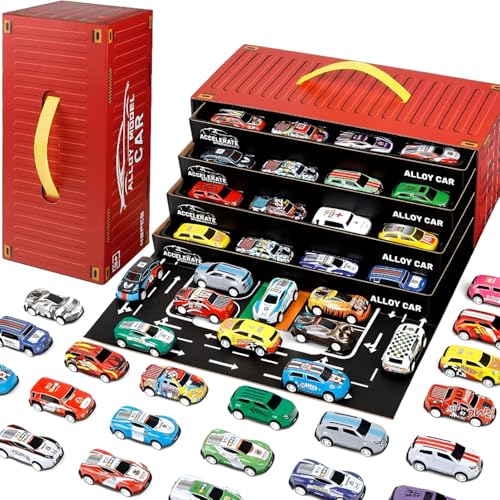 GITGRNTH 48 Pcs Pull Back Car Set for 3+ Kids, Container Storage Box - Learning & Educational Stuffers Mini Cars, Tay Car Set, Racing Pattern | Perfect for Kids, Children, Boys & Girls - Image 1