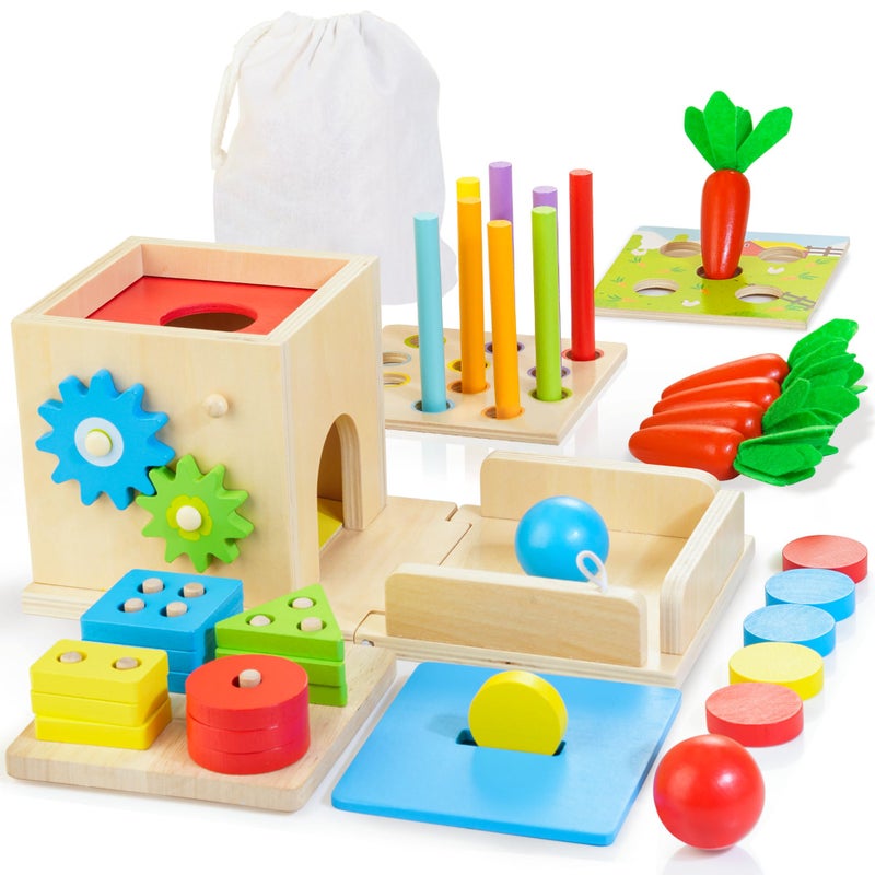 Just Wood JUSTWOOD Montessori Toys for 1+ Year Old, 8-in-1 Wooden Play Kit Includes Object Permanent Box, Learning Activity Cube, Sorting & Stacking Toy, Carrot Harvest Game, Gift for Boys Girls Age 12+ Months - Image 1