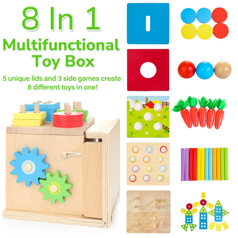 Just Wood JUSTWOOD Montessori Toys for 1+ Year Old, 8-in-1 Wooden Play Kit Includes Object Permanent Box, Learning Activity Cube, Sorting & Stacking Toy, Carrot Harvest Game, Gift for Boys Girls Age 12+ Months - Image 2