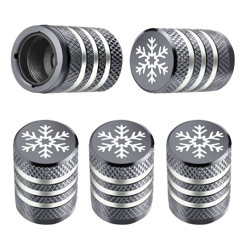 Tire Valve Stem Cap Cover 5 Pack Tire Air Caps Metal with Plastic Liner Corrosion Resistant LeakProof Snow Snowflake for Car Motorcycle Bike Grey