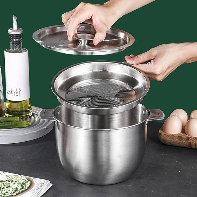 Kruvad Bacon Grease Container with Strainer Kitchen Oil Storage Can Cooking Grease with AntiSlip Coaster Tray Meat Frying Oil Container for Easy Disposal and Bowl - Image 5