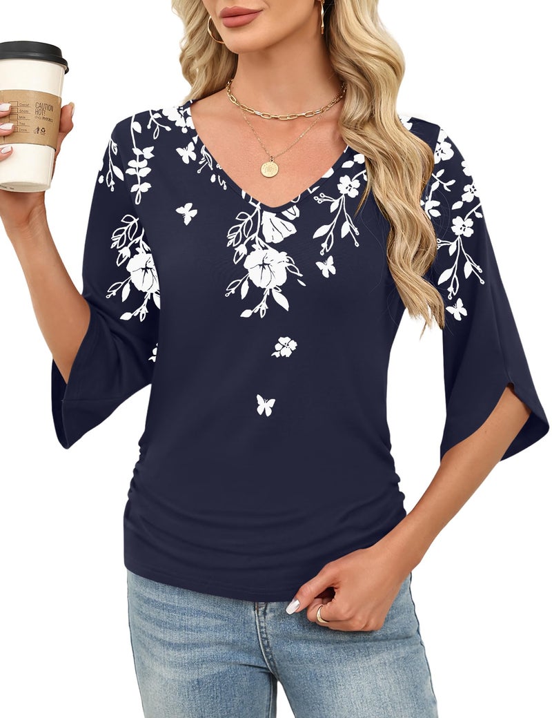 Micoson Women 3/4 Sleeve Tops Vacation Outfits for Women Dress Shirts Work Blouses Spring Flowy Tops(Blue White Floral, Large) - Image 2
