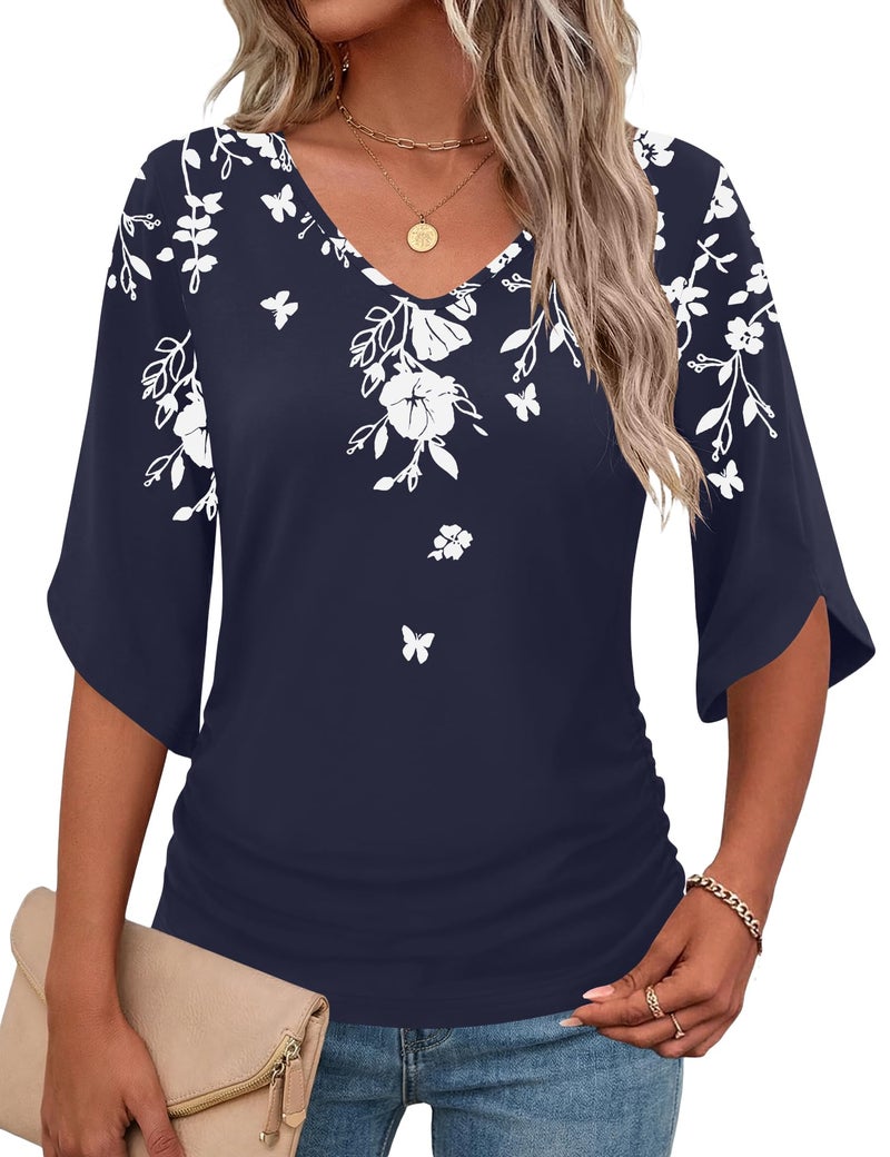 Micoson Women 3/4 Sleeve Tops Vacation Outfits for Women Dress Shirts Work Blouses Spring Flowy Tops(Blue White Floral, Large) - Image 1