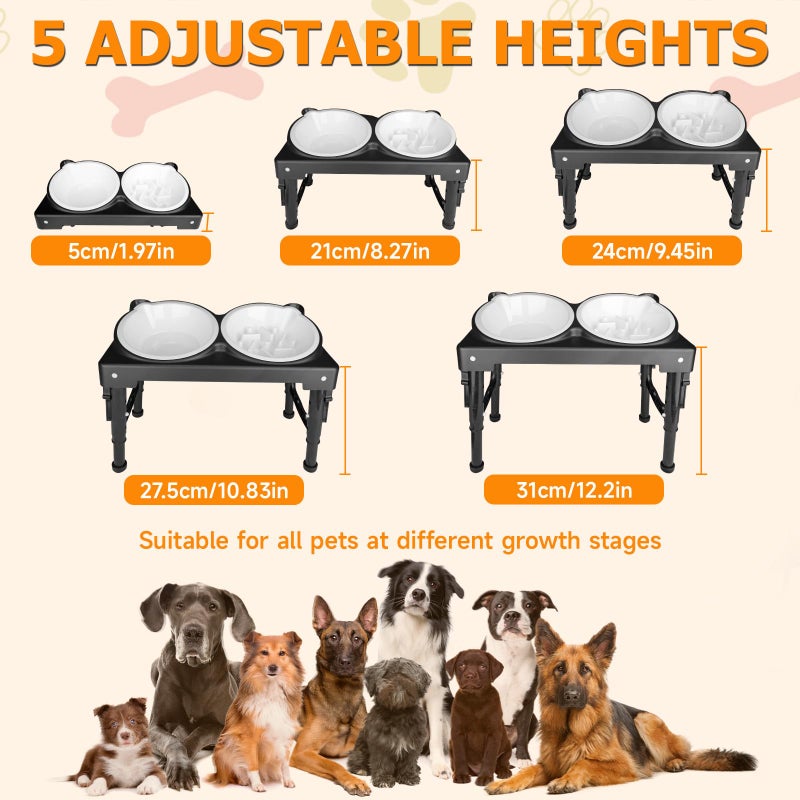 ZTMT Elevated Dog Bowls Collapsible for Large Size Medium Small Dogs, 2 Raised Dog Bowls for Food Water &1 Slow Feeder Bowl, 5 Heights Adjustable Bowl Stand with Non-Slip Feet - Image 2