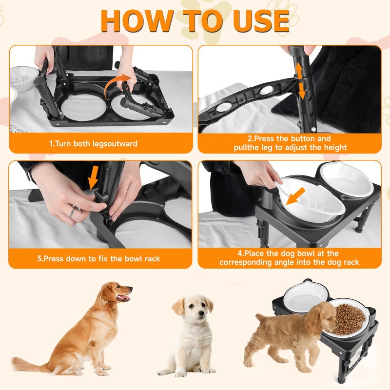 ZTMT Elevated Dog Bowls Collapsible for Large Size Medium Small Dogs, 2 Raised Dog Bowls for Food Water &1 Slow Feeder Bowl, 5 Heights Adjustable Bowl Stand with Non-Slip Feet - Image 4
