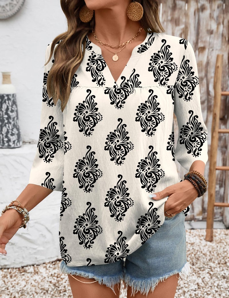 Rapbin Blouses for Women Dressy Casual 3/4 Sleeve Womens Clothes Trendy Spring 2026 Retro White V Neck T Shirts for Women Cruise Clothse XL - Image 4