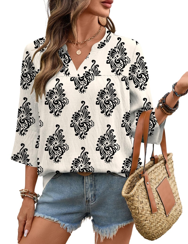 Rapbin Blouses for Women Dressy Casual 3/4 Sleeve Womens Clothes Trendy Spring 2026 Retro White V Neck T Shirts for Women Cruise Clothse XL - Image 3