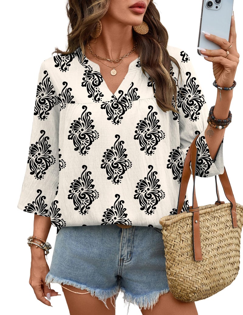 Rapbin Blouses for Women Dressy Casual 3/4 Sleeve Womens Clothes Trendy Spring 2026 Retro White V Neck T Shirts for Women Cruise Clothse XL - Image 2