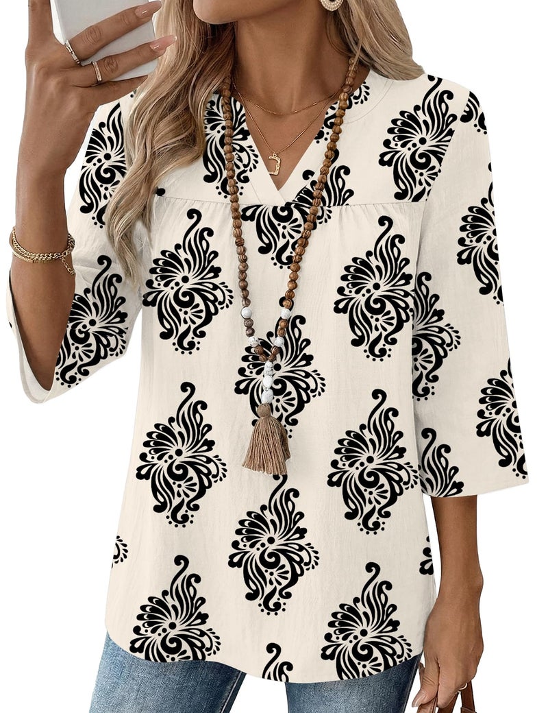 Rapbin Blouses for Women Dressy Casual 3/4 Sleeve Womens Clothes Trendy Spring 2026 Retro White V Neck T Shirts for Women Cruise Clothse XL - Image 1
