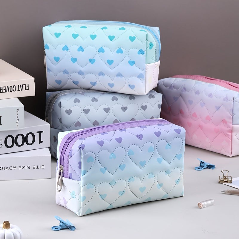 Pink Kawaii Quilted Heart Makeup Bag Large Capacity Cosmetic With Zipper - Image 1