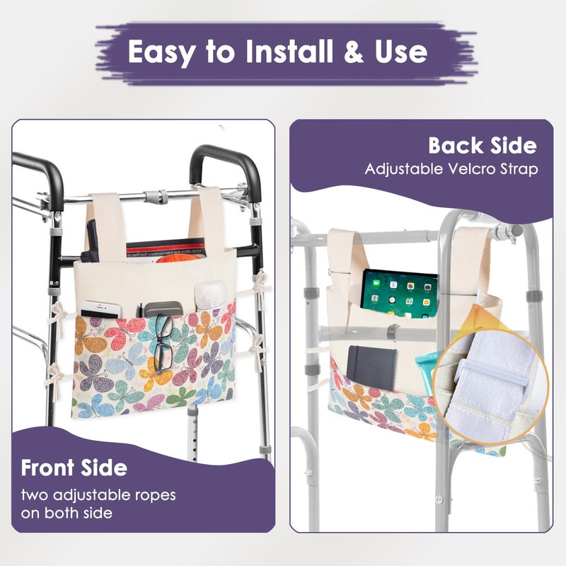TOGETRUE Walker Bag, Handy Walker Basket with Water Cup Holder, Walker Accessories Storage Bag for Folding Walker, Wheelchairs, Strollers, 15"x11.5" (Butterfly) - Image 4