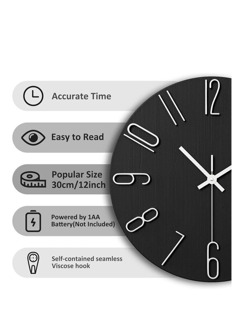 Wall Clock, 12 Inch Wall Clock Silent Non Ticking, Preciser Modern Style Decor Clock for Home, Office, School, Kitchen, Bedroom, Living Room(Black)  - Image 2
