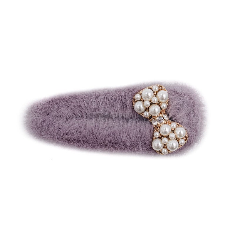 surell Faux Fur Hair Clip with Bling Pearl Bow - Unique Hair Accessory for All Hair Types - Cute Bow Shaped Fashion Barrette - Lavender - Image 5