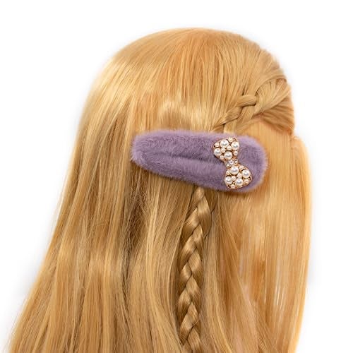 surell Faux Fur Hair Clip with Bling Pearl Bow - Unique Hair Accessory for All Hair Types - Cute Bow Shaped Fashion Barrette - Lavender - Image 3